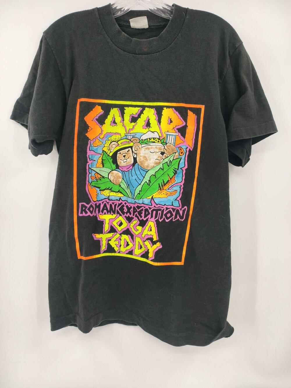 Vintage Safari Shirt Mens L Black Roman Expedition Toga Teddy Graphic 90s